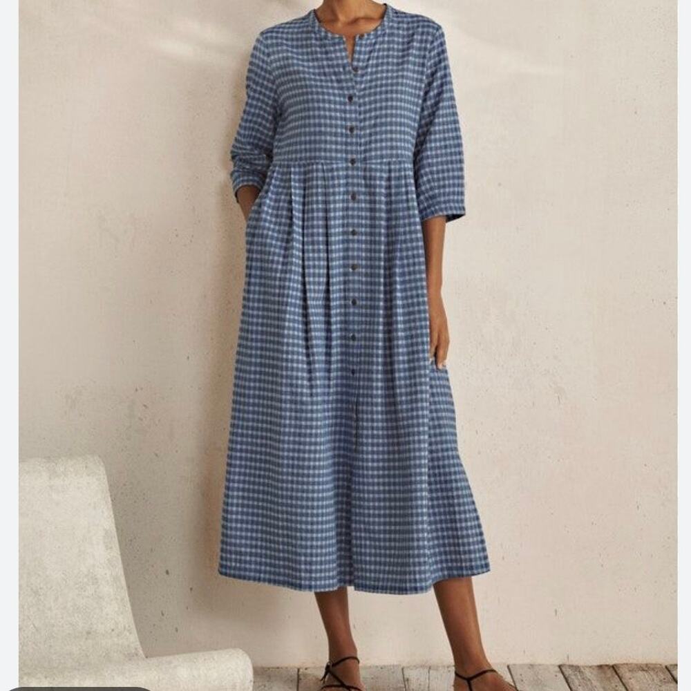 Poetry Plaid Pocket Cotton Linen Blend Shirt Dress Women's 14 Blue Lagenlook